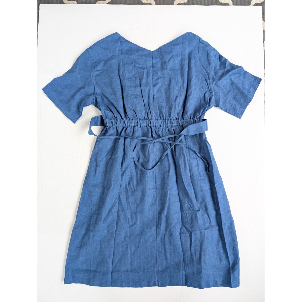 Lintico Serena Dress Womens Medium NWT Blue Linen V-Neck Fabric Belted - Picture 7 of 7